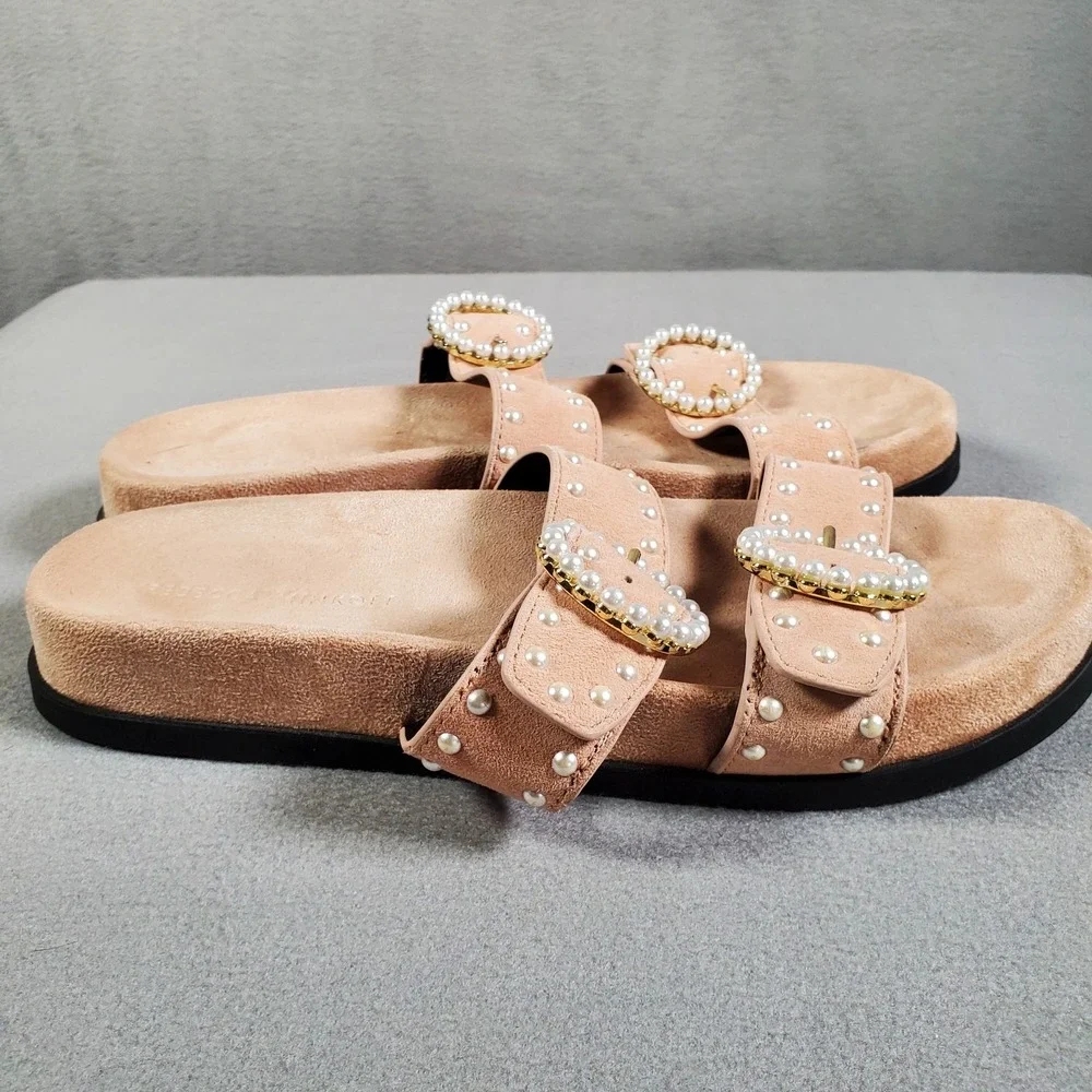 Rebecca Minkoff Veeoleeta Sandal Womens 7 Pink Pearl Buckle Suede Leather Slides - Picture 4 of 9
